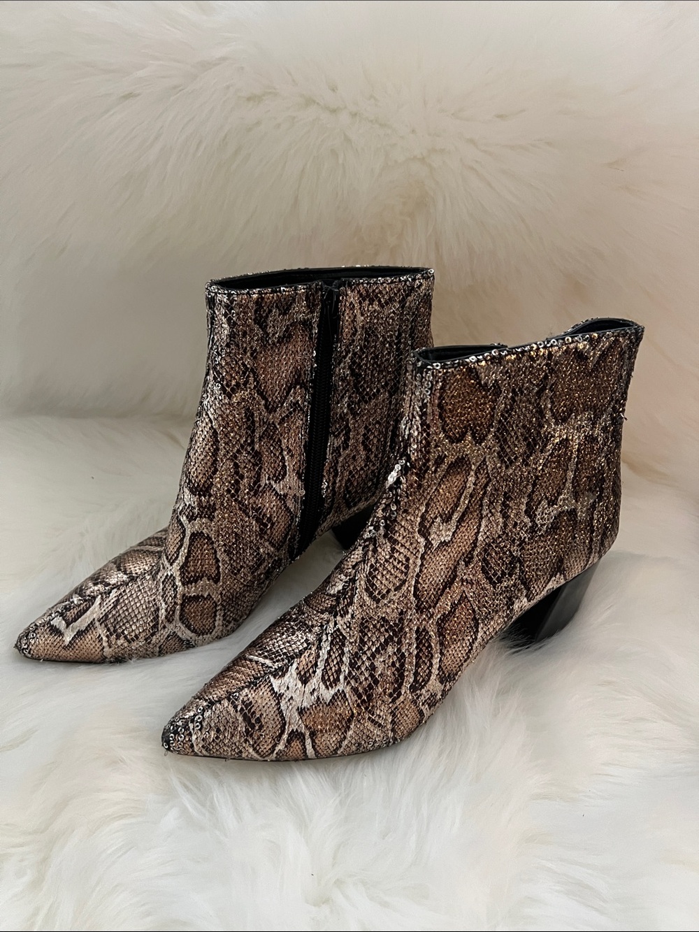 Betsey Johnson Sequined Snake-Print Pointed Toe Ankle Boots - Brown & Gold - Picture 2 of 3